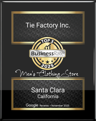 Plaque from Tie Factory Inc. recognizing it as a top 3 men's clothing store in Santa Clara, California, as of November 2025.