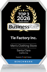 Award for Tie Factory Inc. for being a top 3 Men's Clothing Store in Santa Clara, California, as of 2026, according to BusinessRate.