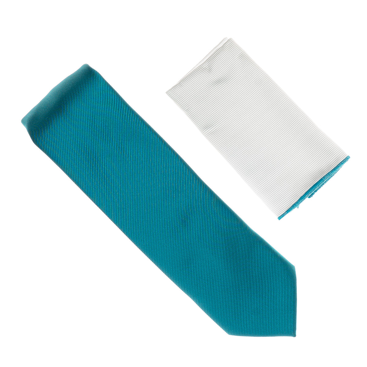 Corded Weave Solid Cyan Blue Tie With A White Pocket Square with Cyan ...