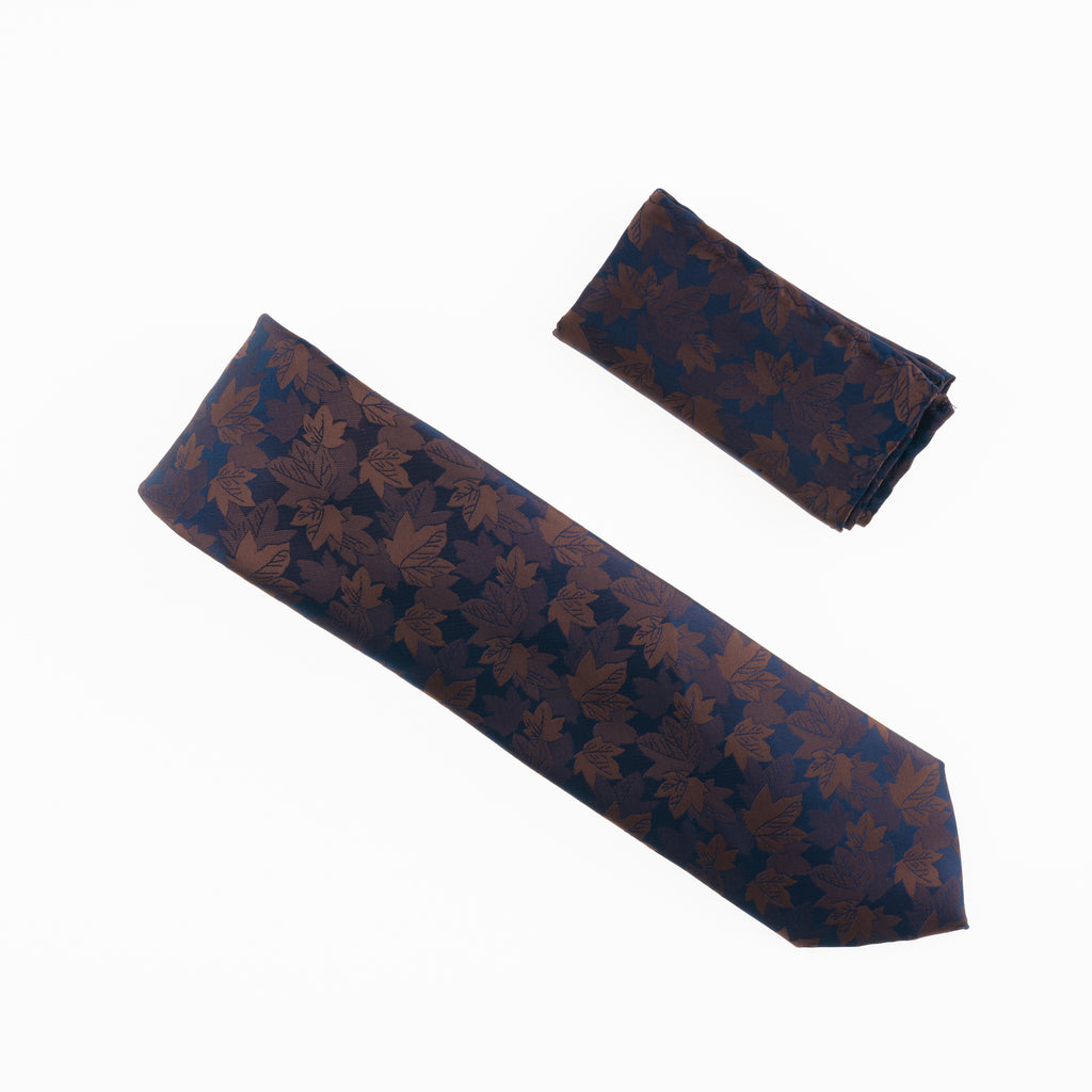 Navy & Brown Leaf Designed Necktie Tie with Matching Pocket Square – Tie  Factory